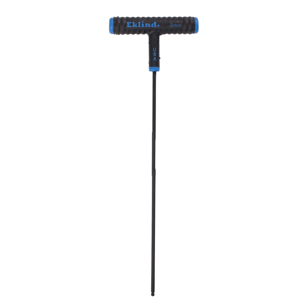EKLIND Ball End T-Key, 3mm tip, 76mm wide handle, heat-treated for strength, and allows 30-degree fastening for tight spaces.