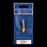 ECONOCUT 90° Vee Groove Bit features a carbide-tipped design for smooth carving and clean mitre joints in woodworking projects.