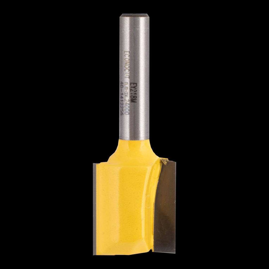 ECONOCUT Straight Bit: 18mm carbide-tipped router bit with 2 flutes for precise grooving and clean cuts in woodworking.