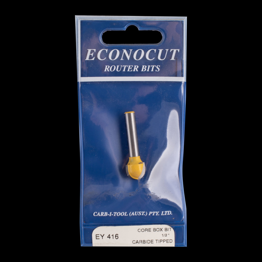 Carbide-tipped ECONOCUT Core Box Bit for woodworking, 12.7mm diameter, 9.5mm cutting length, ideal for intricate fluted designs.