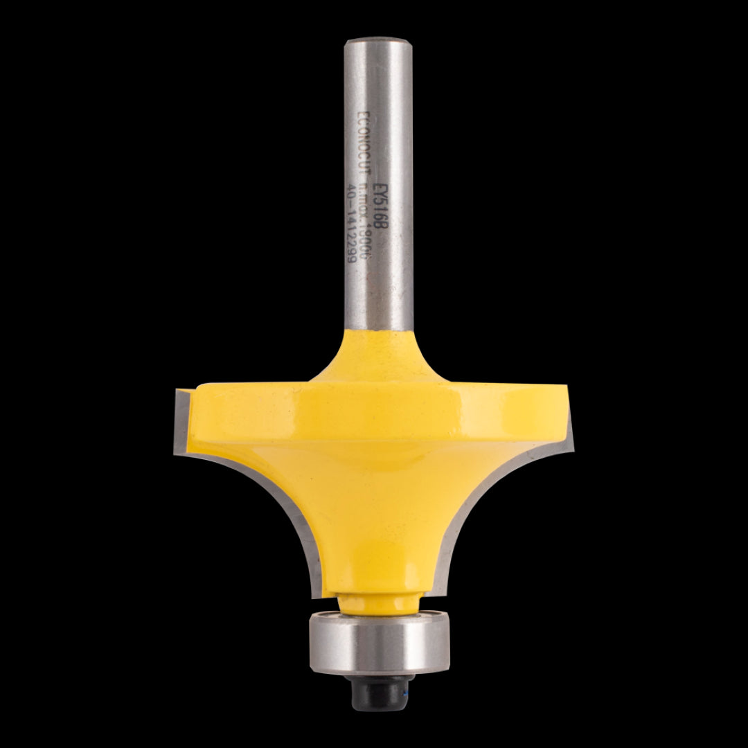 Carbide-tipped ECONOCUT rounding over bit with 38.1mm diameter, two flutes, and ball bearing guide for precise woodworking edges.