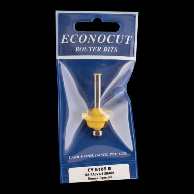 ECONOCUT Roman Ogee Bit - 2-flute, carbide-tipped router bit with ball bearing guide for precise S-shaped profiles in wood.