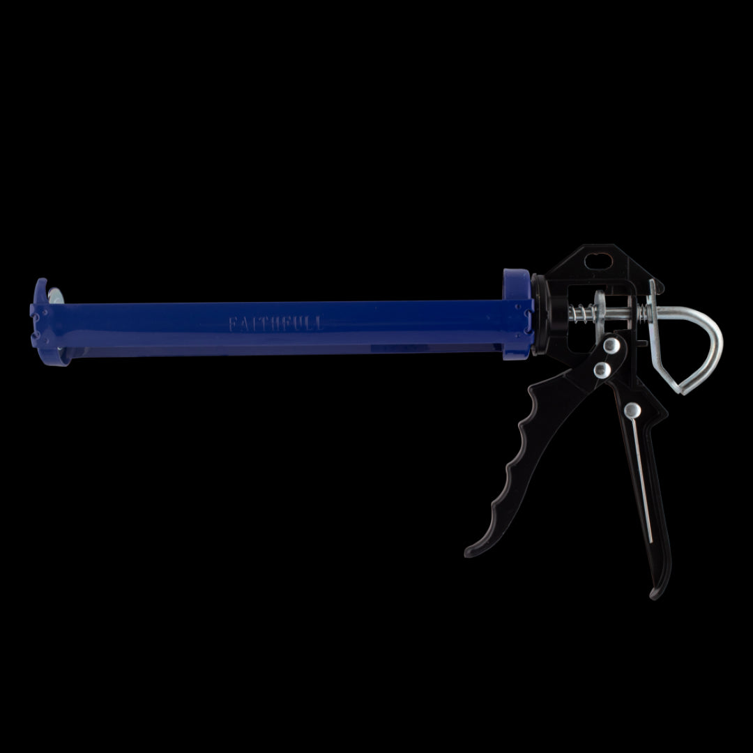 Heavy-duty mastic gun with ergonomic grips, double-spring mechanism, and 425ml cartridge capacity for precise sealant application.