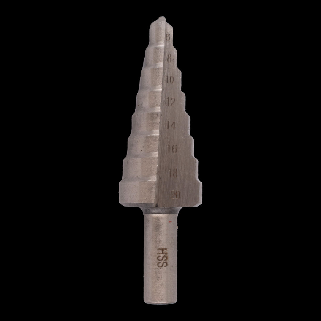 Faithfull HSS Step Drill Bit (6-20mm) designed for precise hole-cutting in various materials with multiple sizes from 6mm to 20mm.