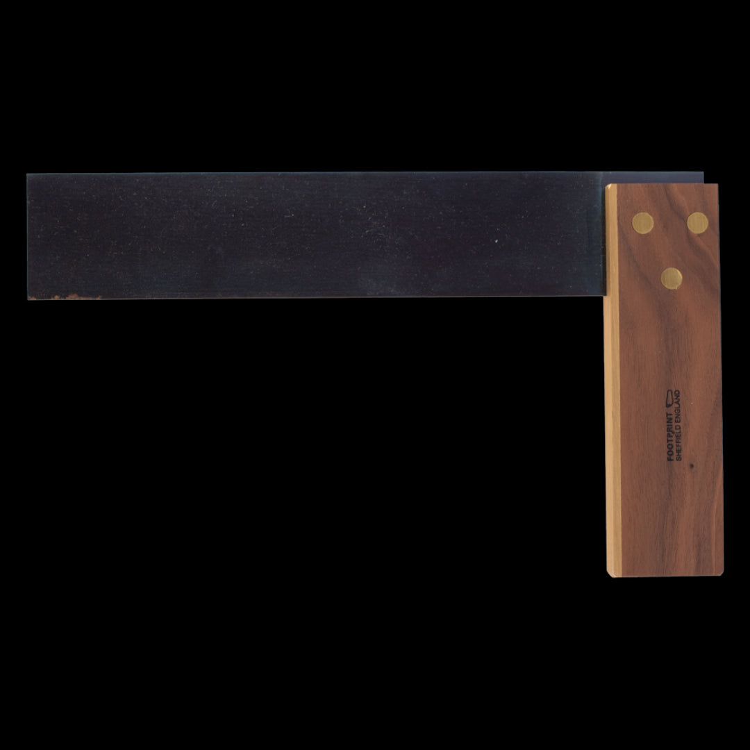 FOOTPRINT 230mm Carpenters Square, featuring a hardened steel blade, Walnut stock, and brass rivets for precise angle marking.