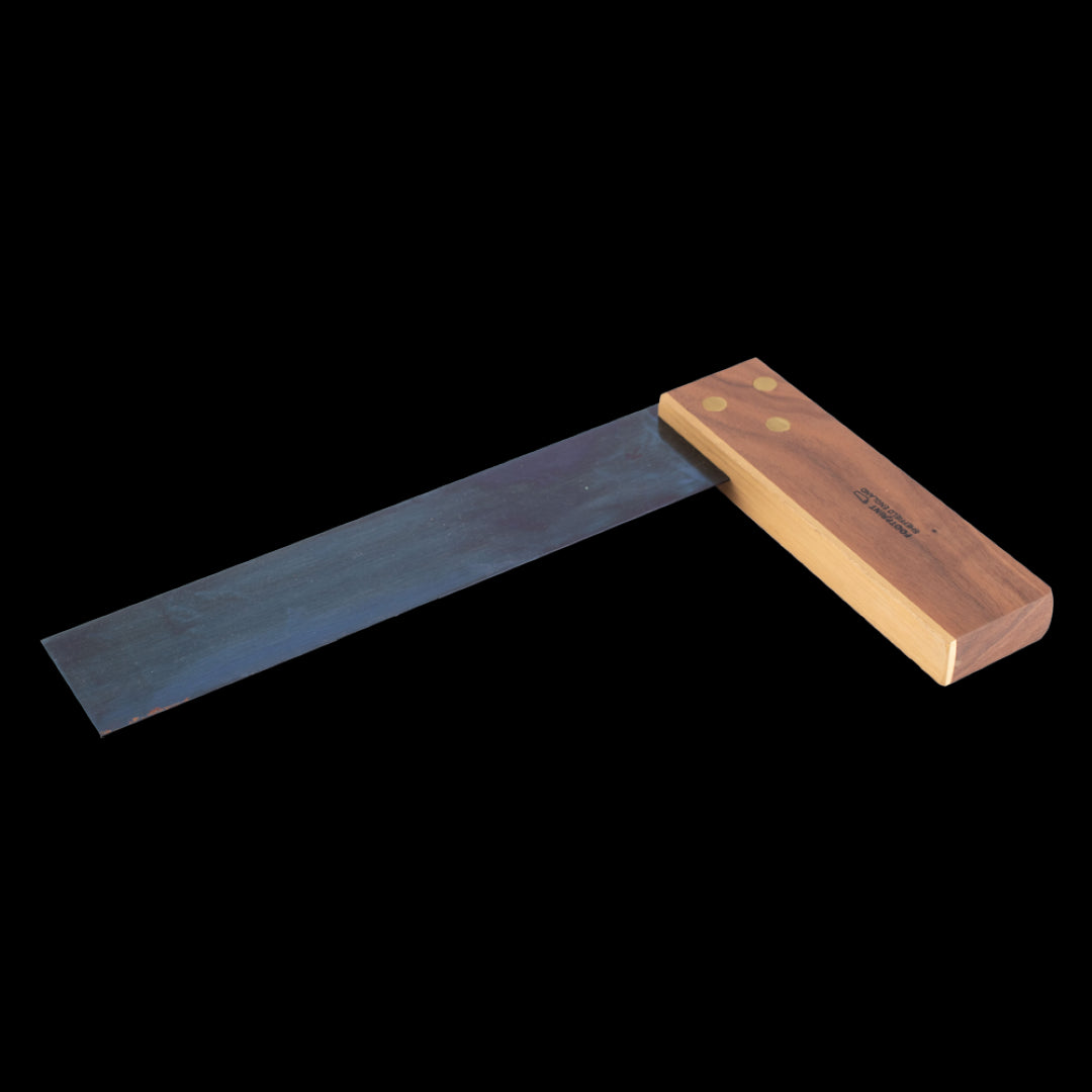 FOOTPRINT 230mm Carpenters Square with hardened steel blade, brass rivets, and Walnut stock for precise woodworking.