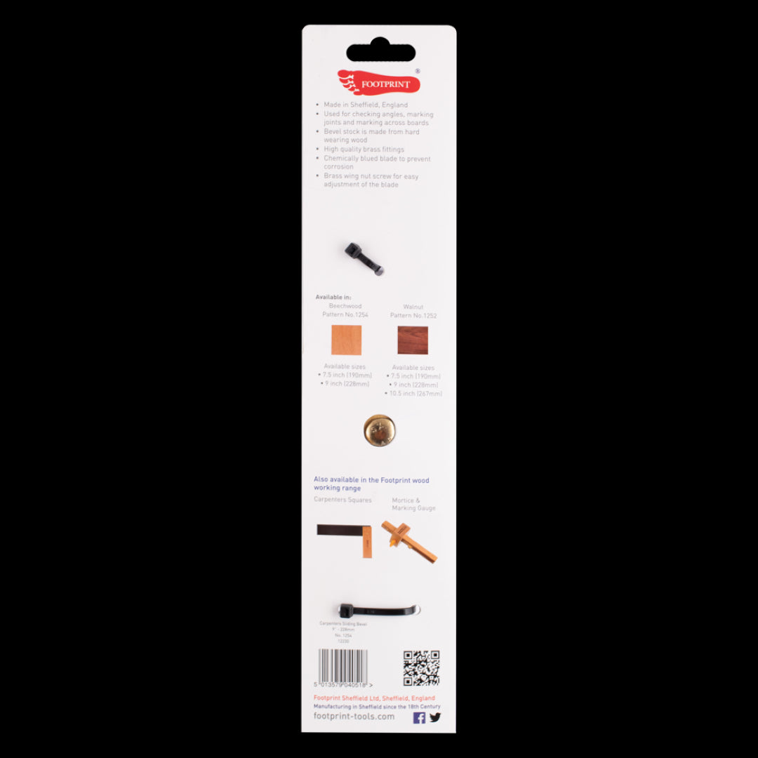 FOOTPRINT 228mm Carpenters Sliding Bevel with brass wing nut, Beechwood handle, and corrosion-resistant blade for precise angle marking.