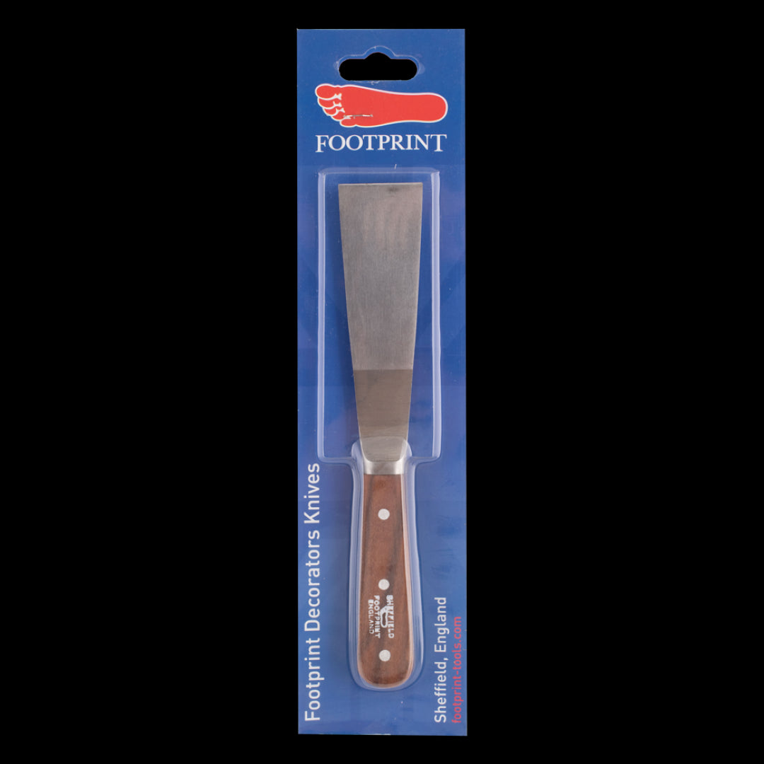 FOOTPRINT 38mm Stripping Knife showcasing a sharp, rust-resistant blade and ergonomic hardwood handle for wallpaper removal.