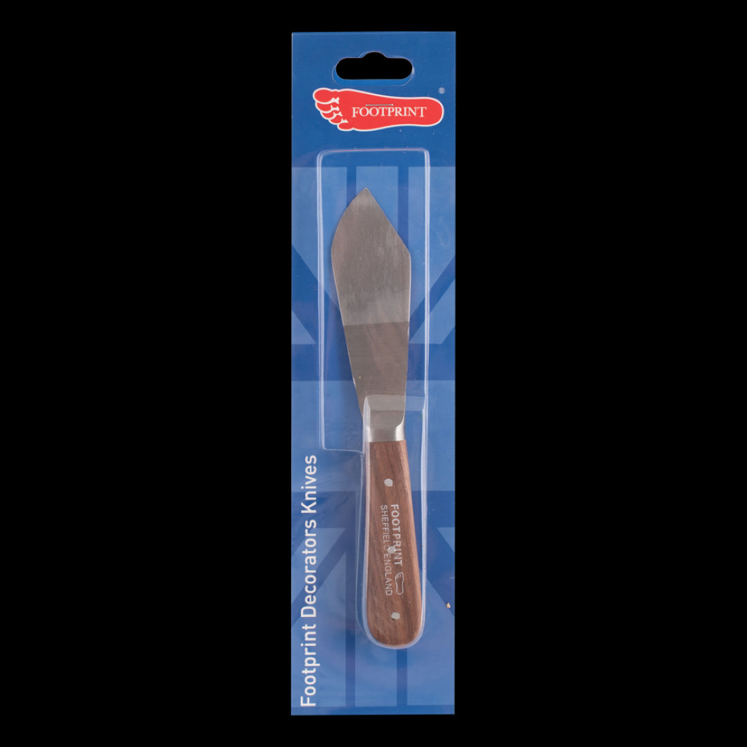 FOOTPRINT Putty Knife with a sharp clipt point blade for easy putty application in tight corners, crafted from durable steel.