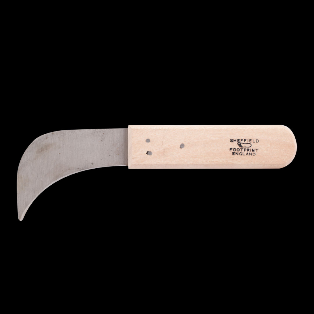 FOOTPRINT Linoleum Knife with ergonomic beechwood handle and sharp hooked blade, ideal for cutting linoleum and similar materials.