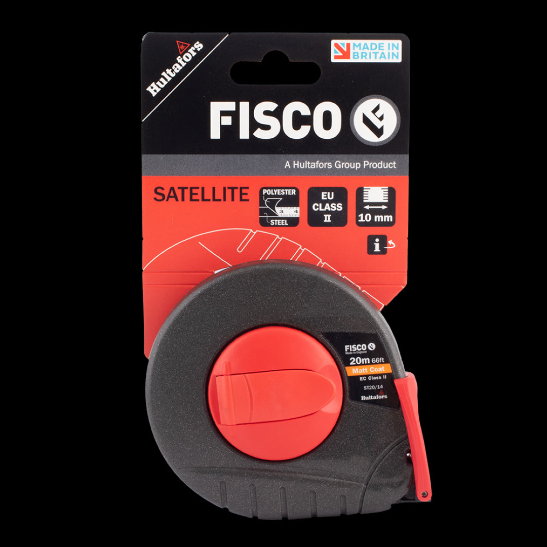 FISCO 20m satellite measuring tape in a robust case, features a durable 'Matt Coat' blade with dual-sided metric and imperial markings.