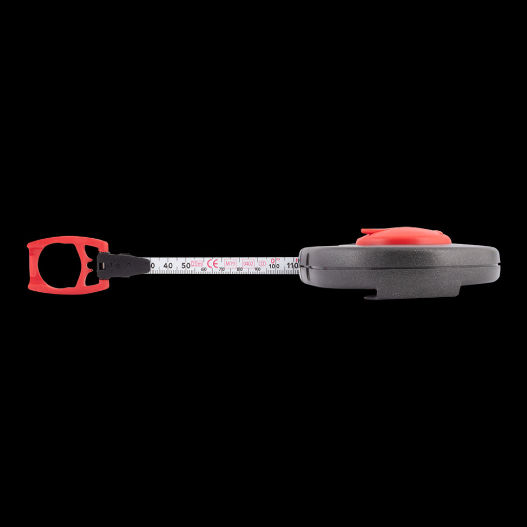 FISCO 20m Satellite Measuring Tape with durable 'Matt Coat' finish, double-sided metric and imperial markings, and robust ABS case.