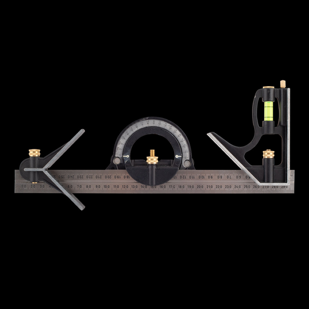 FISCO 300mm Combination Square with stainless steel blade, precision zinc stock, deep-etched graduations, and 360° protractor.