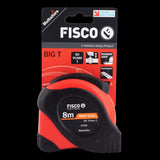 FISCO Big T Measuring Tape (8m x 25mm) features durable carbon steel, ergonomic design, and a quick-release belt clip for easy use.