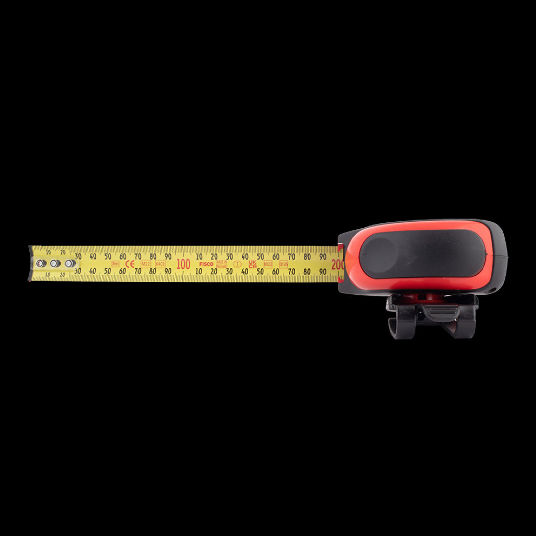 FISCO Big T Measuring Tape (8m x 25mm) with durable rubber case, ergonomic design, and precise millimeter graduations.