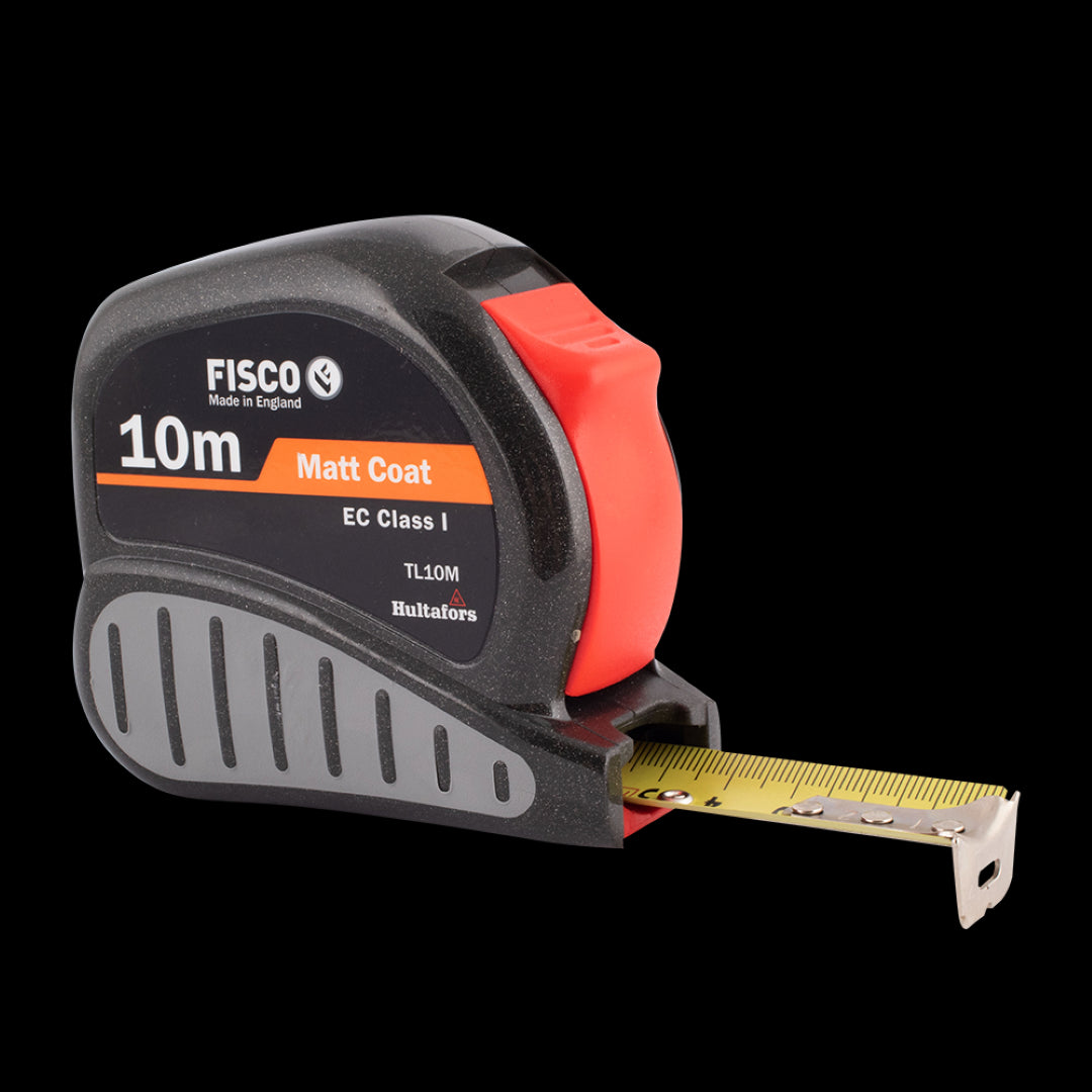 FISCO Tri Lok Measuring Tape 10m x 25mm, featuring durable carbon spring steel blade and non-slip grip for precision measuring.