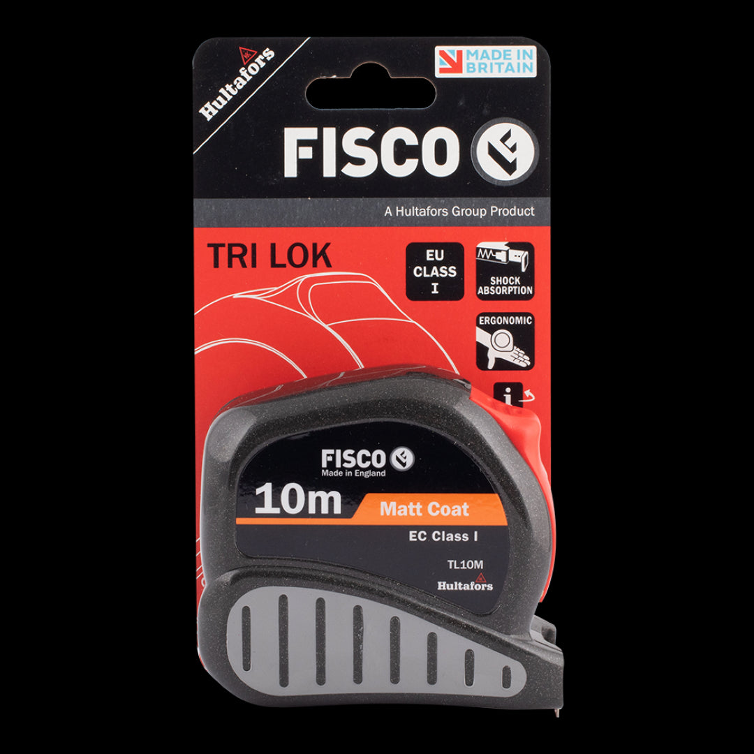 Durable FISCO Tri Lok Measuring Tape (10m x 25mm) with carbon steel blade, non-slip grip, and accurate EC Class I markings.