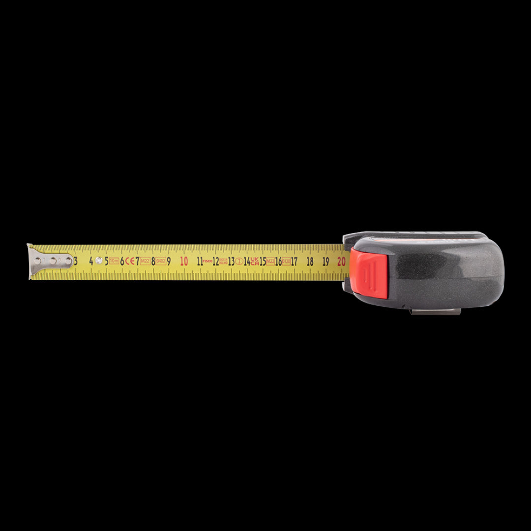 FISCO Tri Lok Measuring Tape (10m x 25mm) featuring durable carbon steel blade, rubber grip, and positive lock for precision measuring.