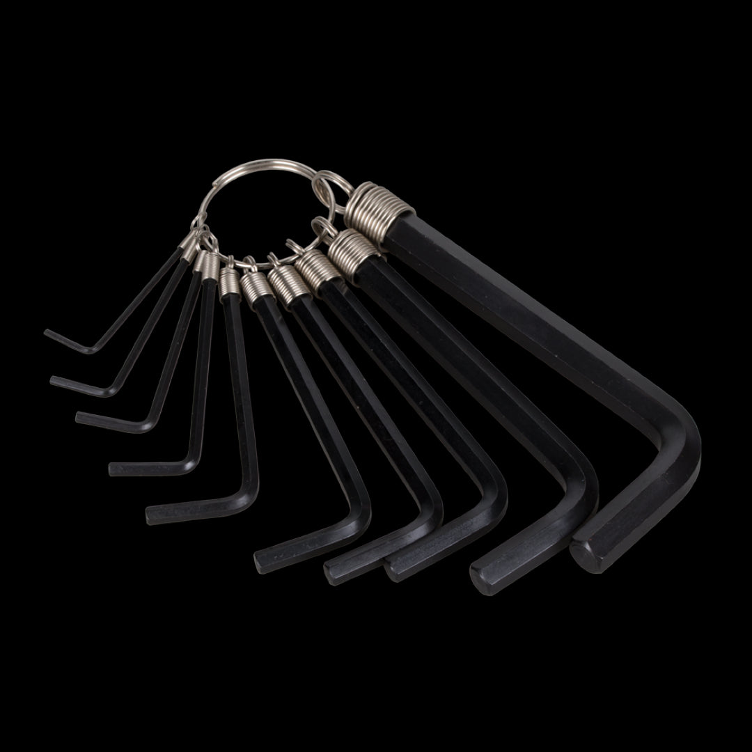 FULLER 10pc Metric Hex Key Set on a ring holder, crafted from durable chrome vanadium steel for precise use and easy access.