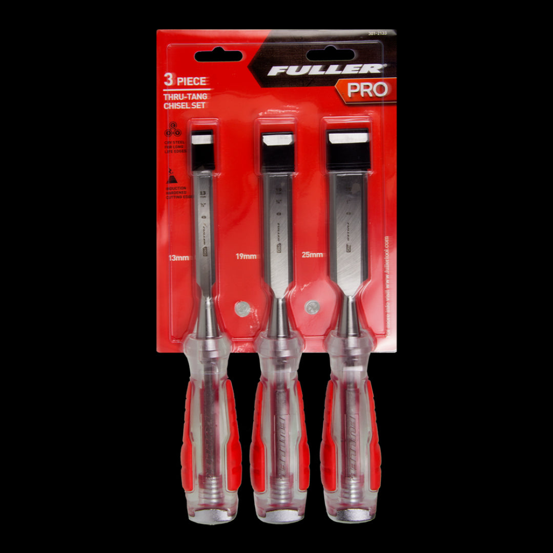 Three-piece FULLER Tangthru Chisel Set featuring 13mm, 19mm, and 25mm bevel edge chisels for precise woodworking.