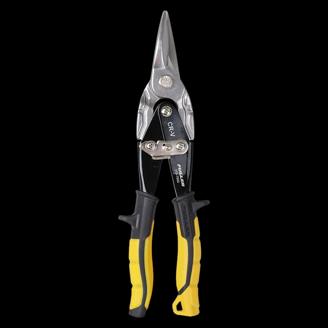 FULLER Yellow Aviation Snip with serrated chrome vanadium blades, alloy steel handles, and cushion grip for effortless straight cuts.