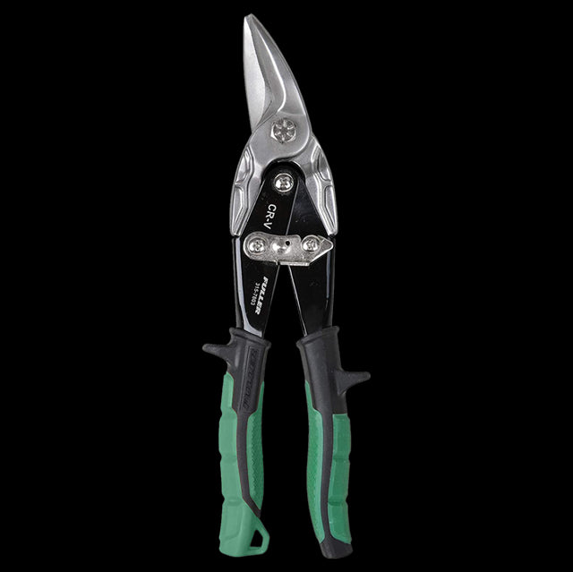 FULLER Green Aviation Snip - Right Cut with ergonomic grip, chrome vanadium blades, and safety latch for efficient, precise cutting.