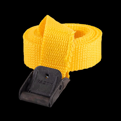 Yellow 1.5m lashing strap with 400kg capacity, user-friendly design, steel buckles, and UV-resistant, eco-friendly material.