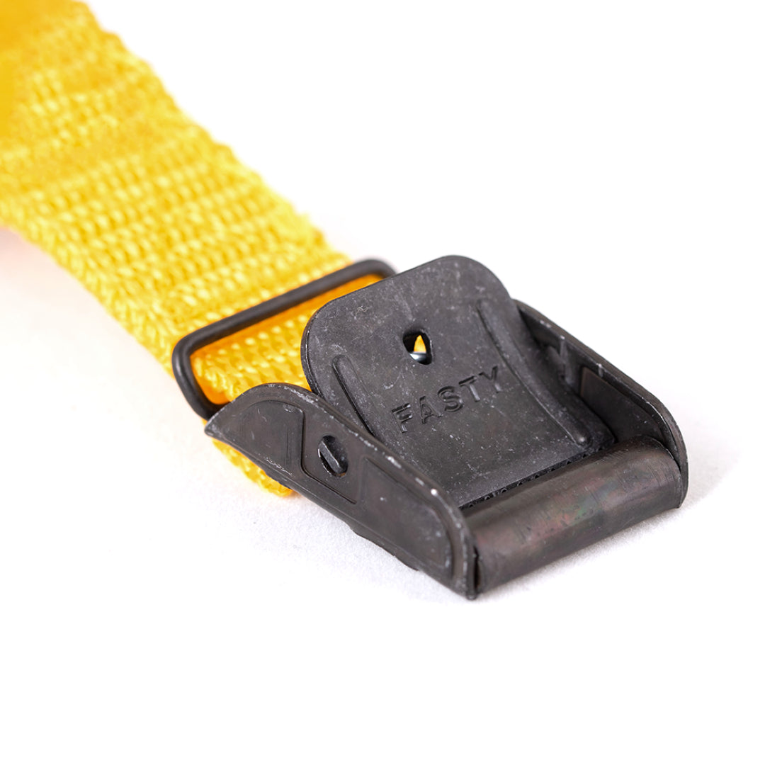 Durable 1.5m yellow lashing strap with 400kg capacity, steel buckles, UV-resistant, eco-friendly design for versatile use.