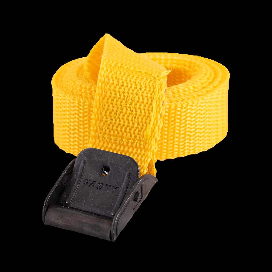 Durable 1.5m yellow lashing strap with 400kg capacity, steel buckles, UV-resistant, and eco-friendly design for secure fastening.