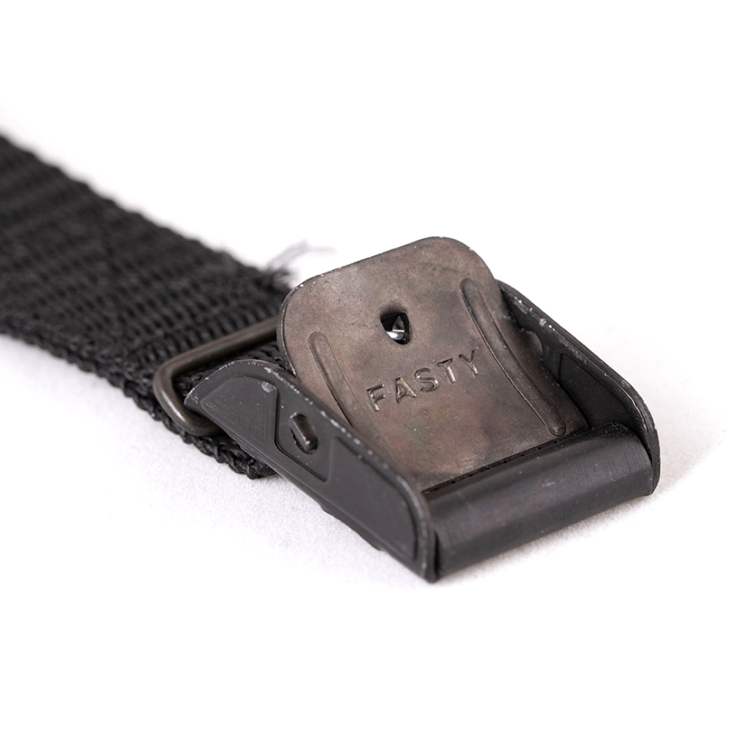 Image of FASTY 3.5m Black Lashing Strap showcasing its robust design, featuring high-tenacity polypropylene and heavy-duty steel buckles.