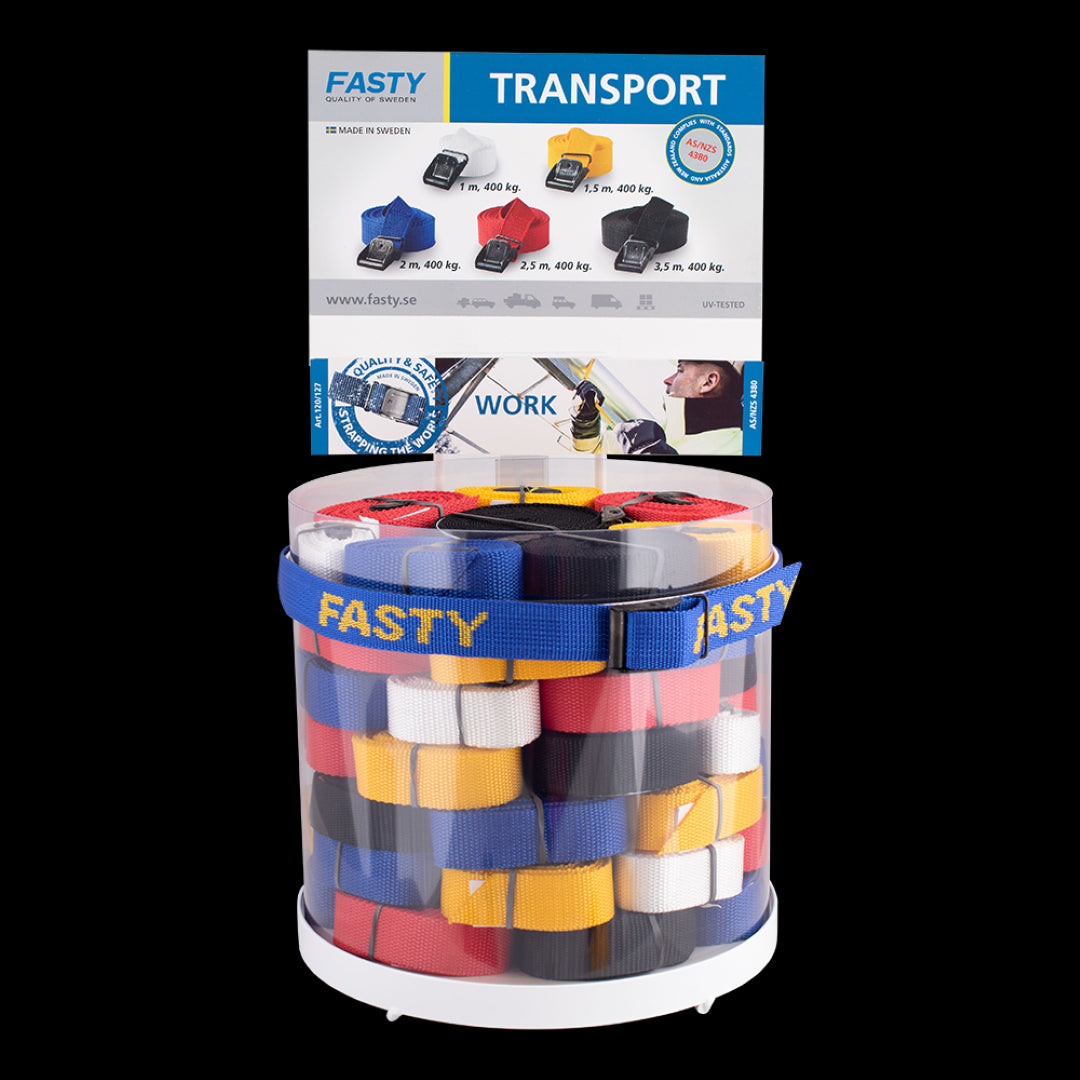 Colorful display of 60 FASTY lashing straps, offering 400kg capacity, steel buckles, and eco-friendly design for versatile fastening.