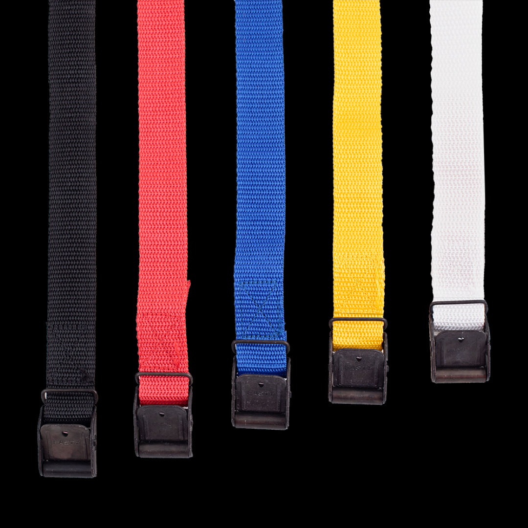 Colorful display of 60 high-strength lashing straps, featuring various lengths and durable anti-corrosion buckles for secure fastening.