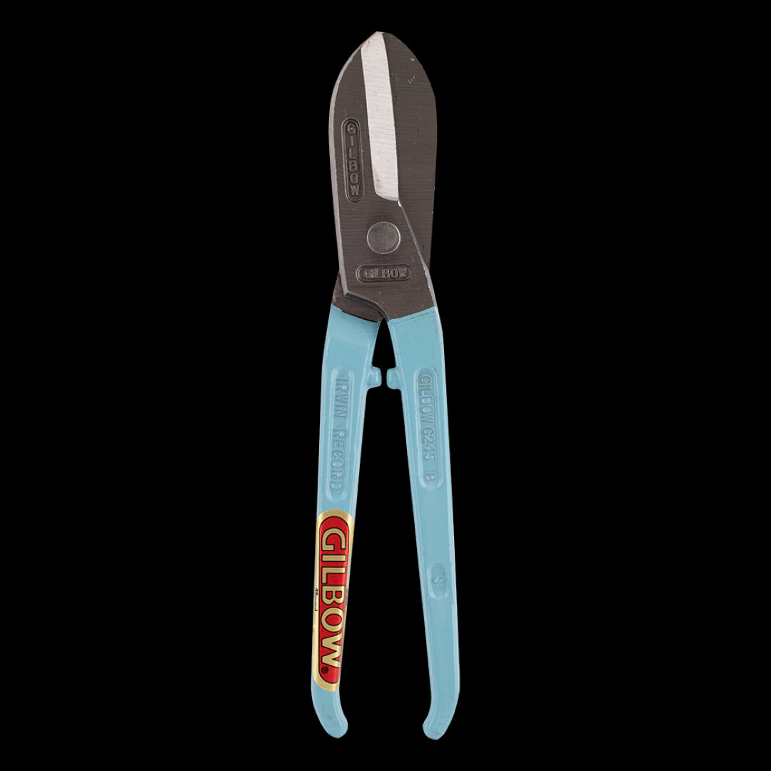 Durable GILBOW 200mm Straight Tin Snips, featuring non-slip joint, double hollow ground blades, and safety stop for precision cutting.