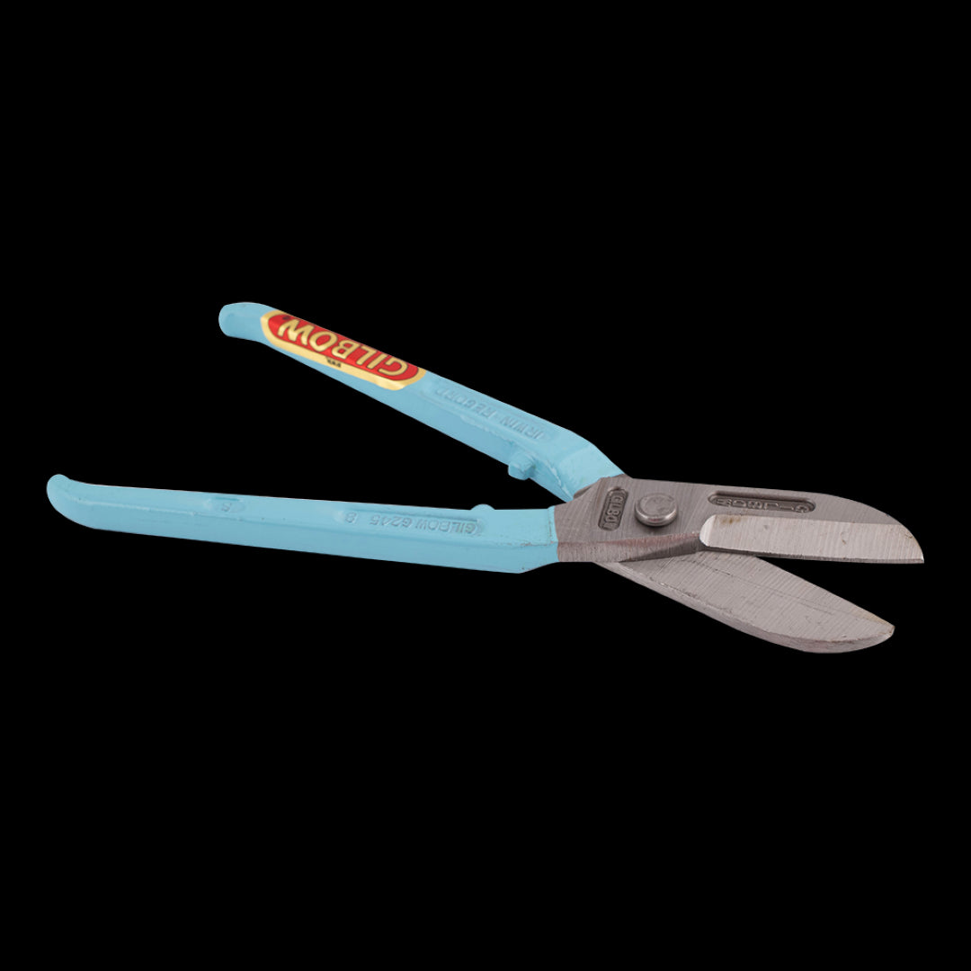 GILBOW 200mm Straight Tin Snips with drop-forged carbon steel, precision blades, non-slip joint, and safety stop for easy cutting.