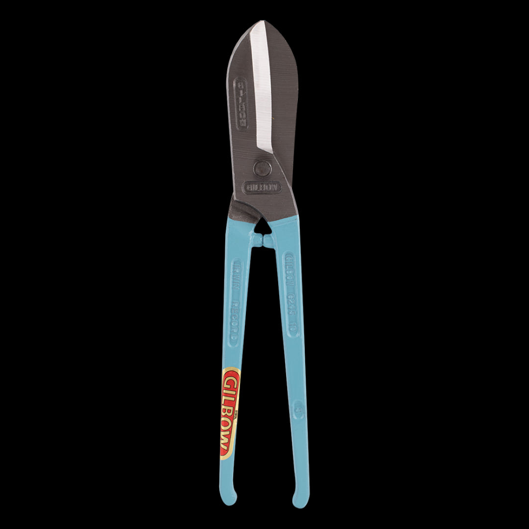 GILBOW 250mm General Purpose Straight Tin Snips with ergonomic design, drop-forged steel, and safety stop for efficient precision cutting.