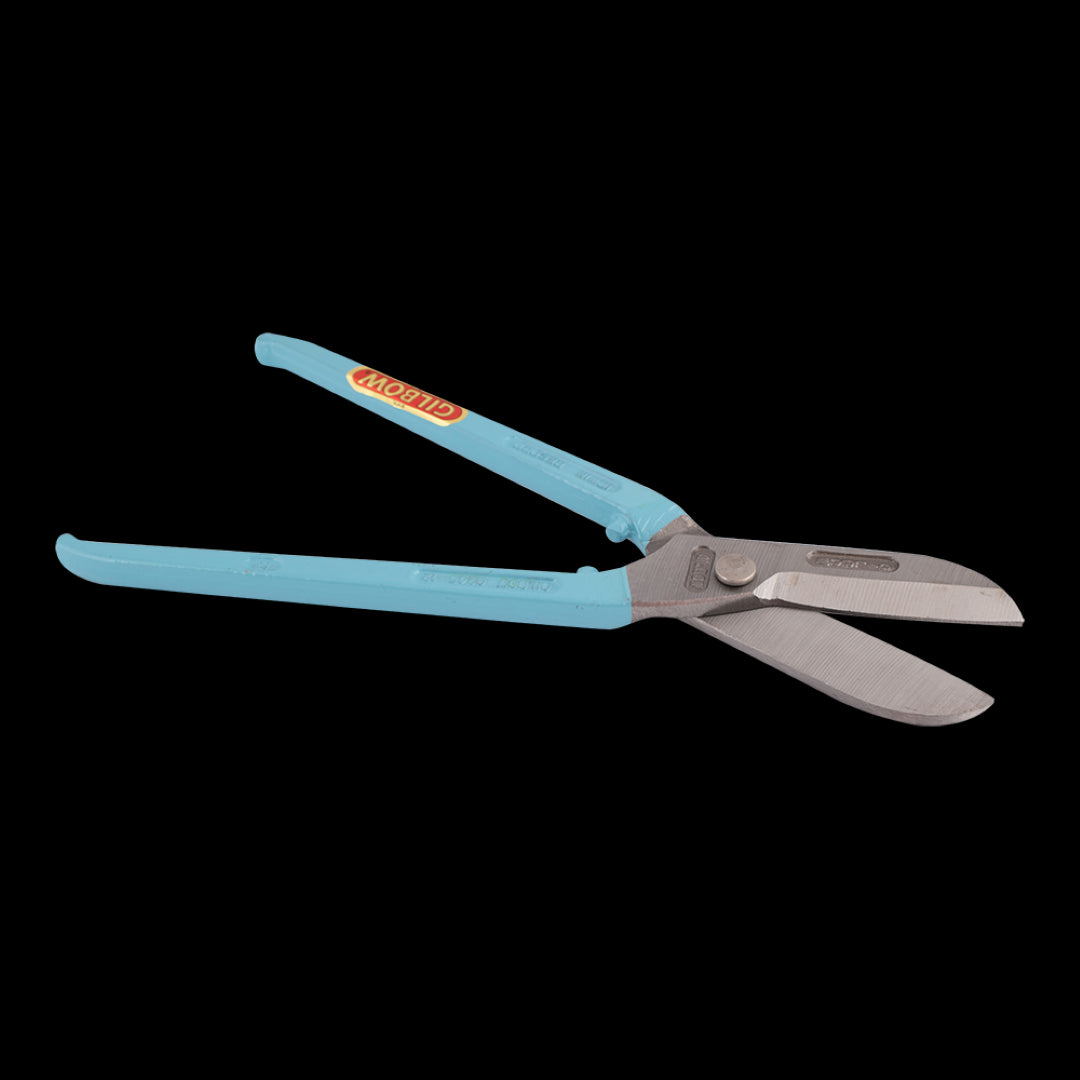 GILBOW 300mm General Purpose Straight Tin Snips featuring a non-slip joint, double hollow ground blade, and safety stop for precision cutting.