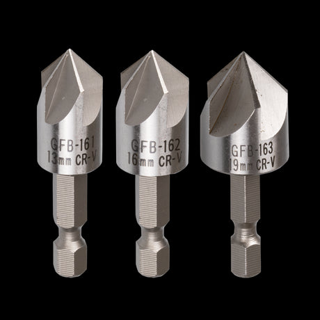 Three-piece GFB countersink bit set made of chrome vanadium steel, ideal for precision woodworking and metalworking tasks.