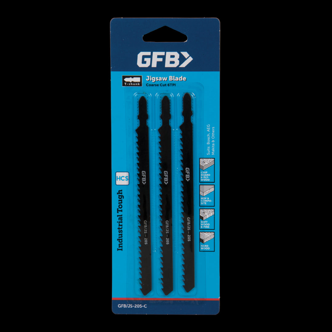 GFB 6tpi Heavy Duty T-Shank Jigsaw Blades set of 3, designed for smooth cuts in wood and versatility in DIY projects.