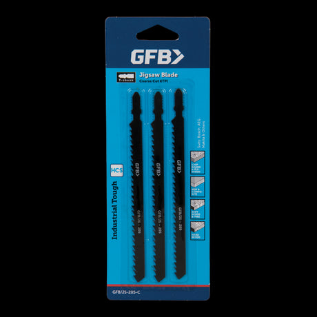 GFB 6tpi Heavy Duty T-Shank Jigsaw Blades set of 3, designed for smooth cuts in wood and versatility in DIY projects.