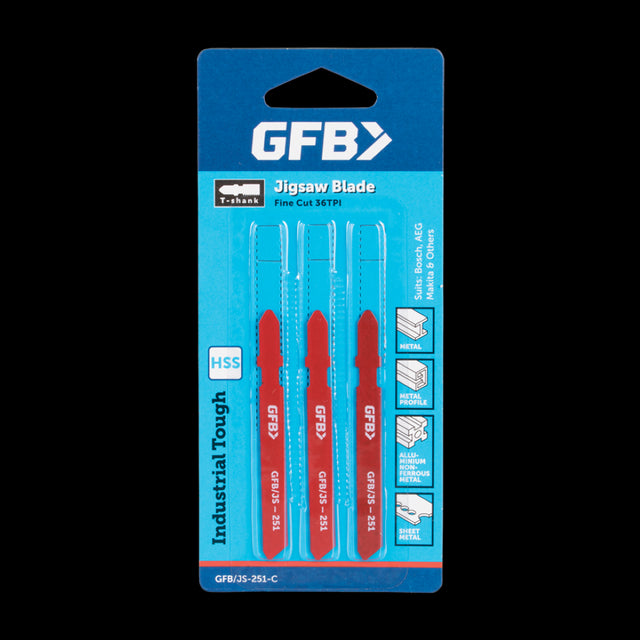 GFB 36tpi Fine Metal Jigsaw Blade set with three high-carbon steel blades for precise metal cutting.