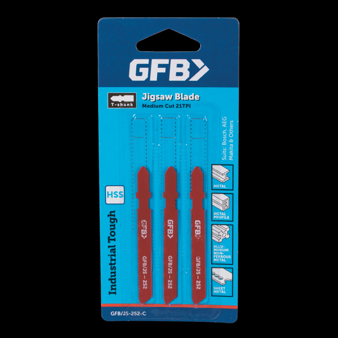 GFB 21tpi large jigsaw blades in a 3pc set, designed for precise cutting of metal with durability and smooth performance.