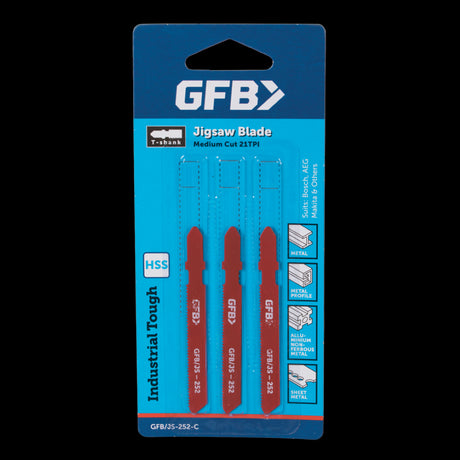 GFB 21tpi large jigsaw blades in a 3pc set, designed for precise cutting of metal with durability and smooth performance.