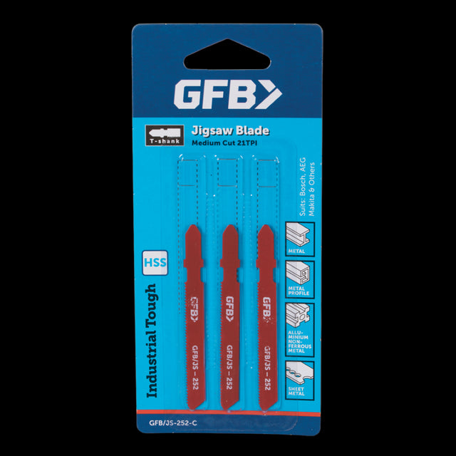 GFB 21tpi large jigsaw blades in a 3pc set, designed for precise cutting of metal with durability and smooth performance.