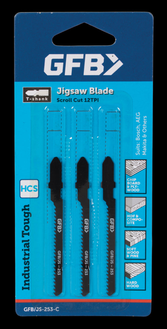 GFB 12tpi Scroll Jigsaw Blades (3pc) for precise, clean cuts in wood and soft metals; designed for intricate shapes and curves.