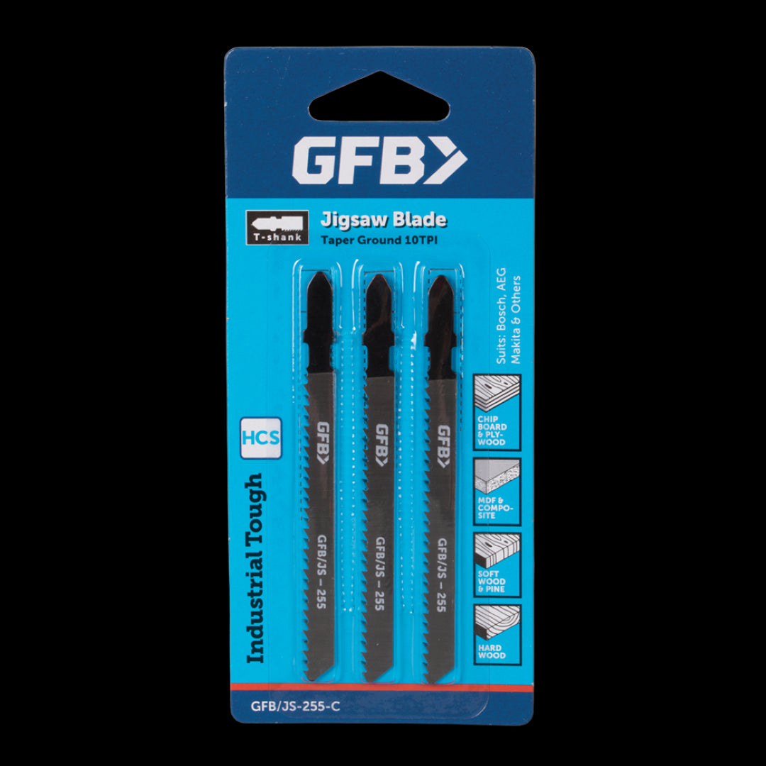 GFB 10tpi Taper Ground Jigsaw blades set, 3 pieces, designed for precision cutting in wood projects, durable and versatile.