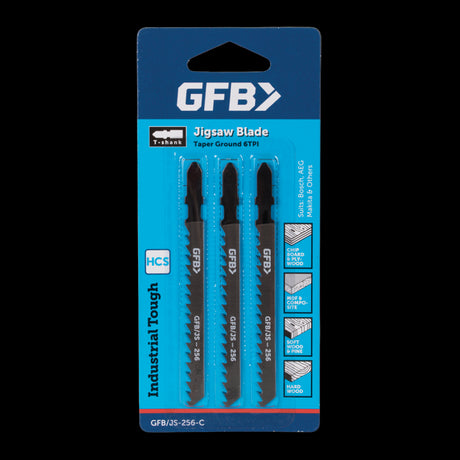 GFB 6tpi Taper Ground Large Jigsaw blades set, ideal for precise, smooth cuts in hardwood and softwood, compatible with most jigsaws.