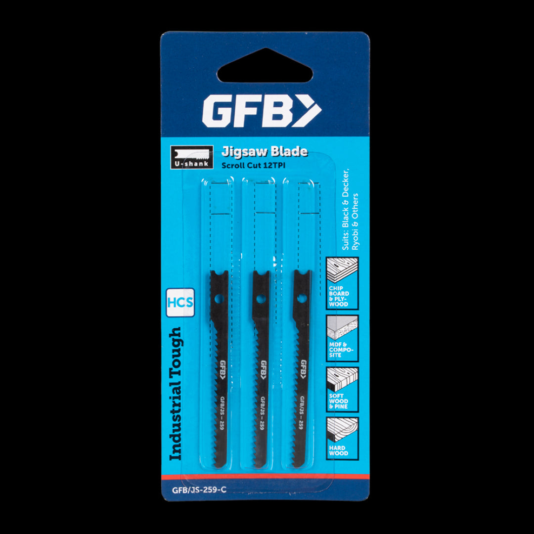 GFB 12tpi Scrollcut Jigsaw blades, 3-piece set for precise cuts in wood, plastic, and softer metals, compatible with most jigsaws.