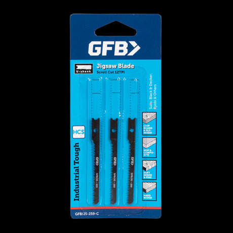 GFB 12tpi Scrollcut Jigsaw blades, 3-piece set for precise cuts in wood, plastic, and softer metals, compatible with most jigsaws.