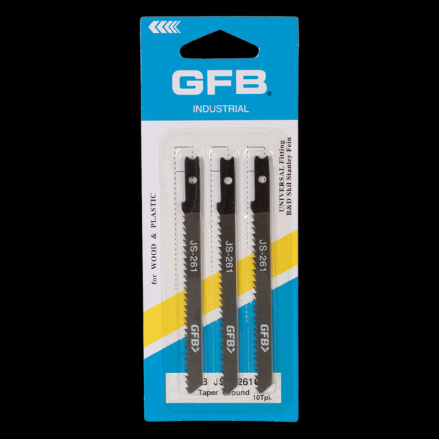 GFB 10tpi Taper Ground Universal Jigsaw blades for precise cutting in wood, compatible with most jigsaw brands, 3pc set.