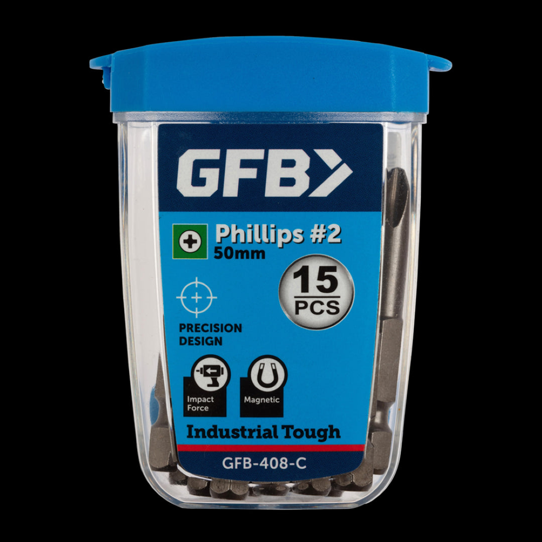 GFB No.2 Phillips Bit 50mm 15-pack designed for durability and precision in high-volume fastening tasks.